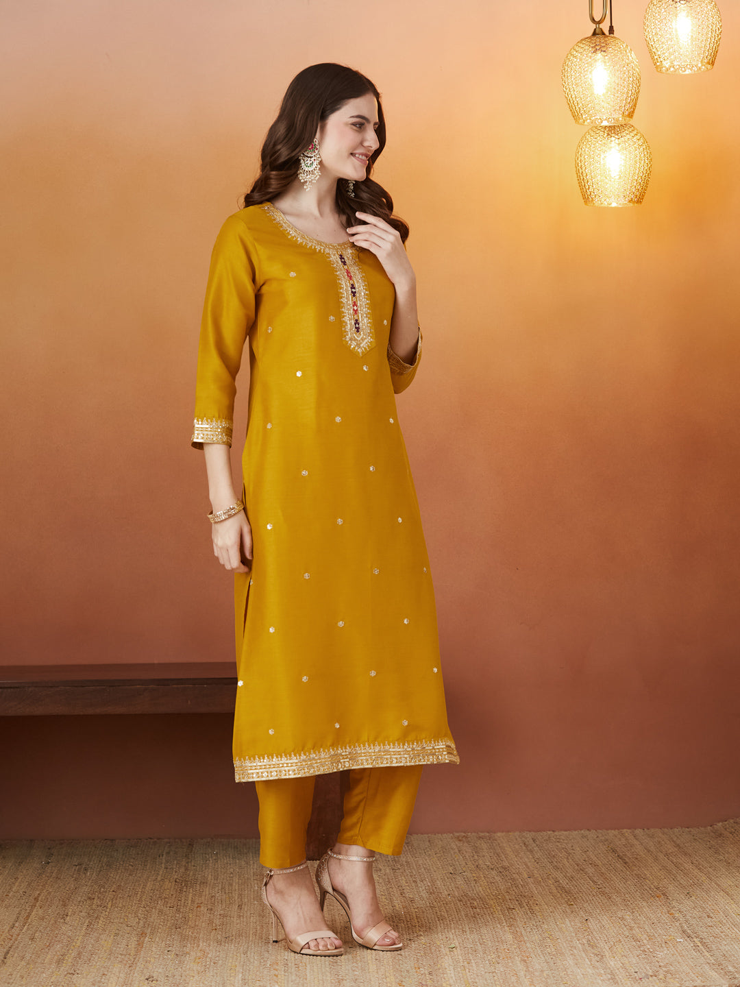 Mustard Embroidered chinon kurta with dupatta set