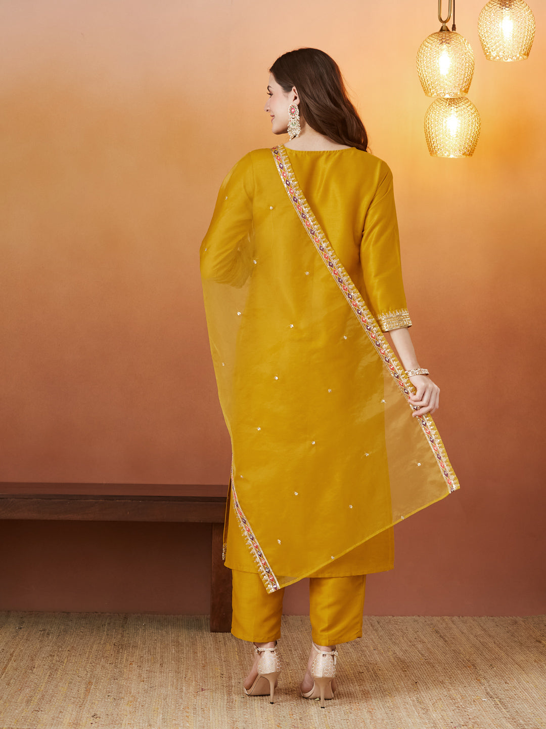 Mustard Embroidered chinon kurta with dupatta set