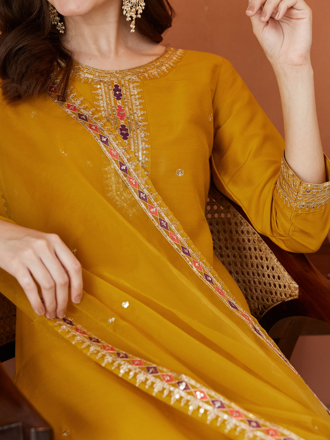 Mustard Embroidered chinon kurta with dupatta set