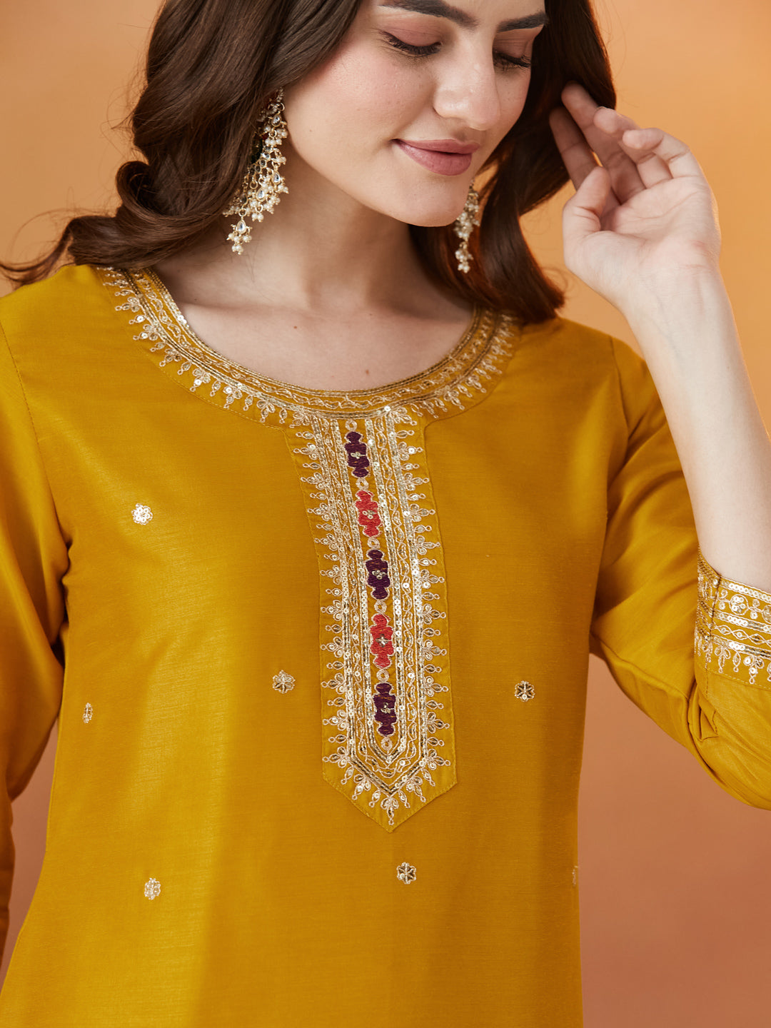 Mustard Embroidered chinon kurta with dupatta set