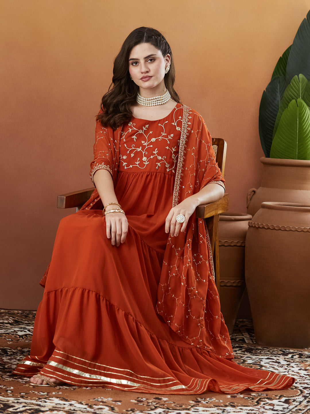 Orange Embroidered Tiered Anarkali Kurta with Dupatta set