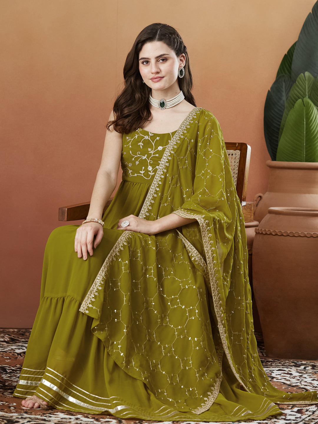 Green Embroidered Tiered Anarkali Kurta with Dupatta set