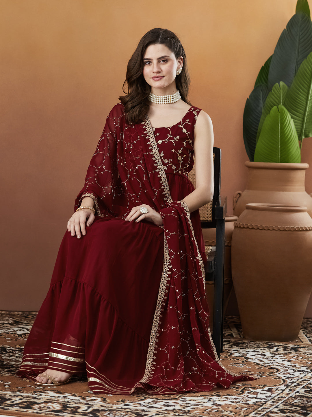 Red Embroidered Tiered Anarkali Kurta with Dupatta set