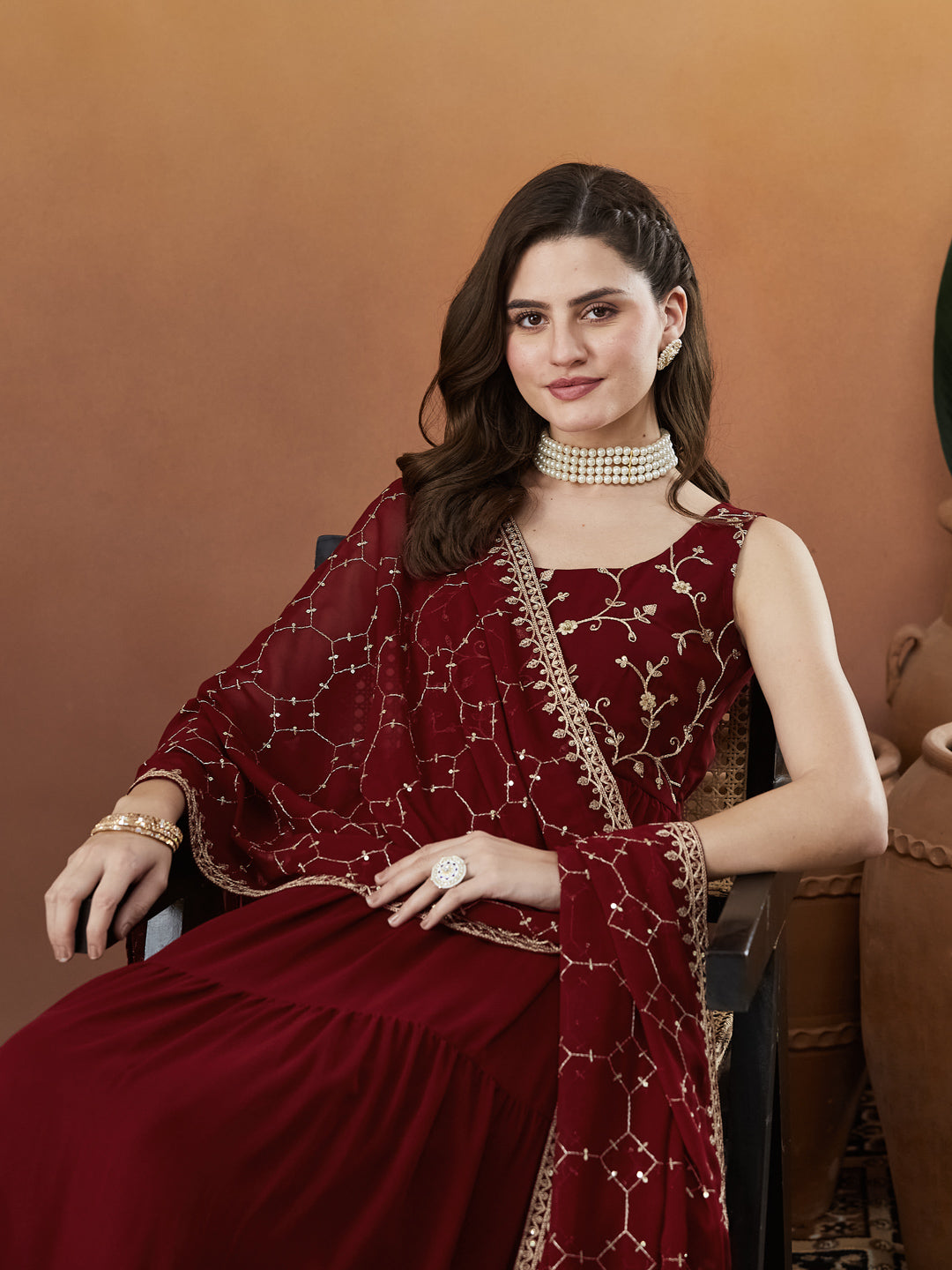 Red Embroidered Tiered Anarkali Kurta with Dupatta set