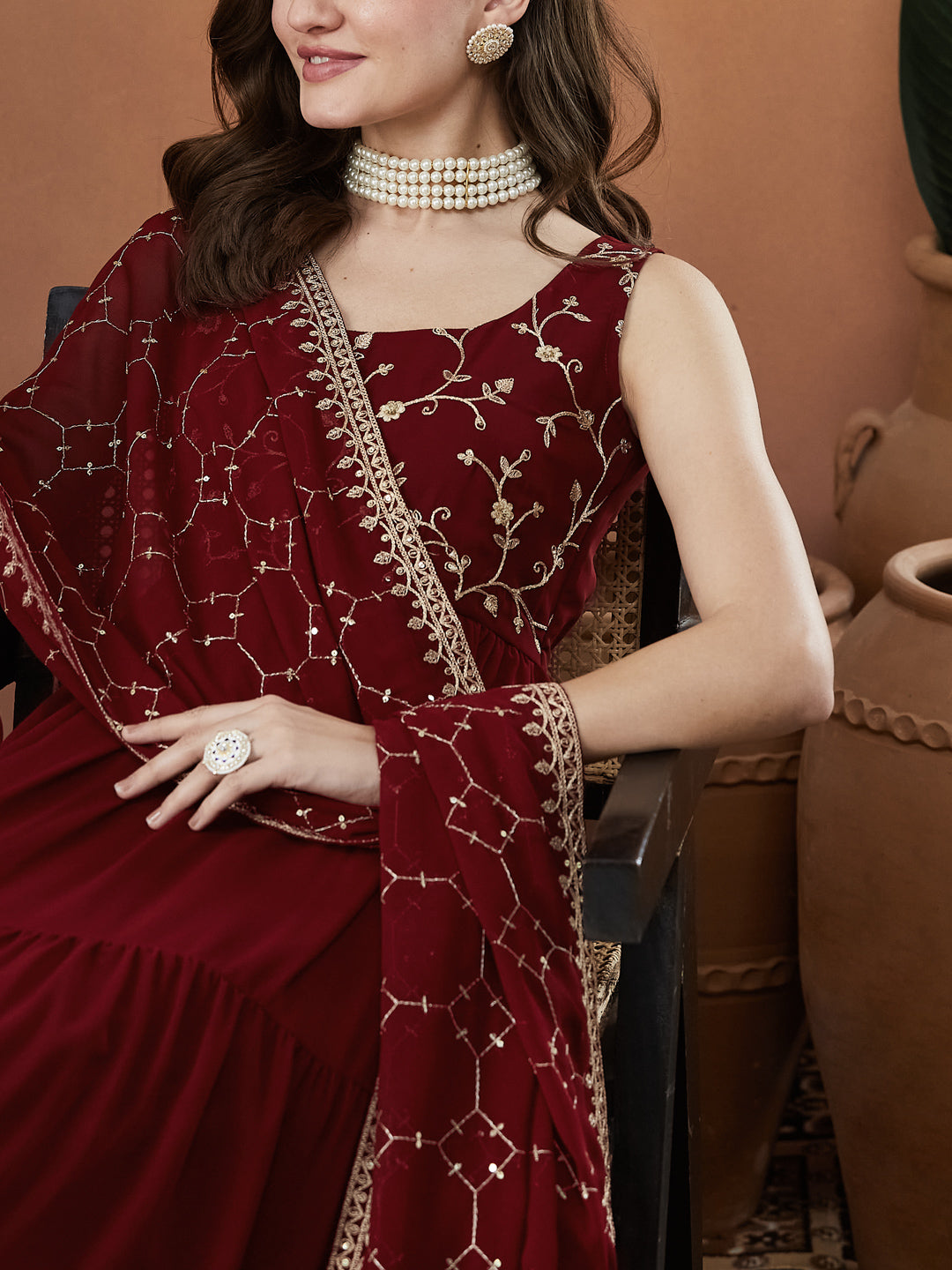 Red Embroidered Tiered Anarkali Kurta with Dupatta set