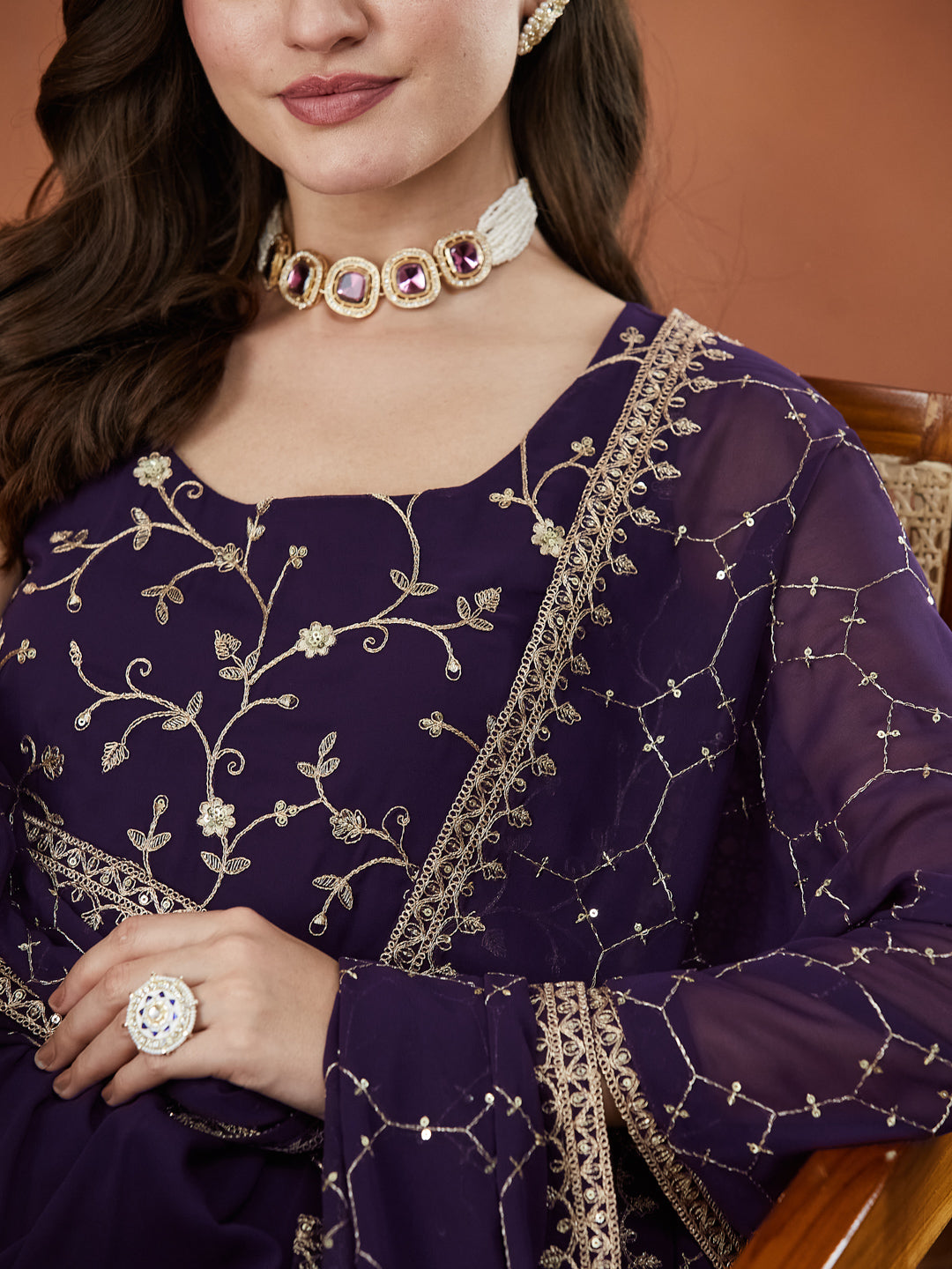 Violet Embroidered Tiered Anarkali Kurta with Dupatta set