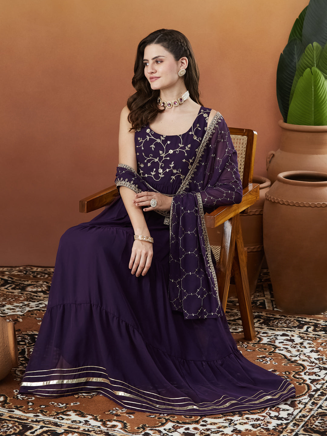 Violet Embroidered Tiered Anarkali Kurta with Dupatta set
