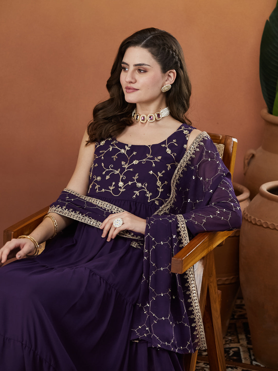Violet Embroidered Tiered Anarkali Kurta with Dupatta set