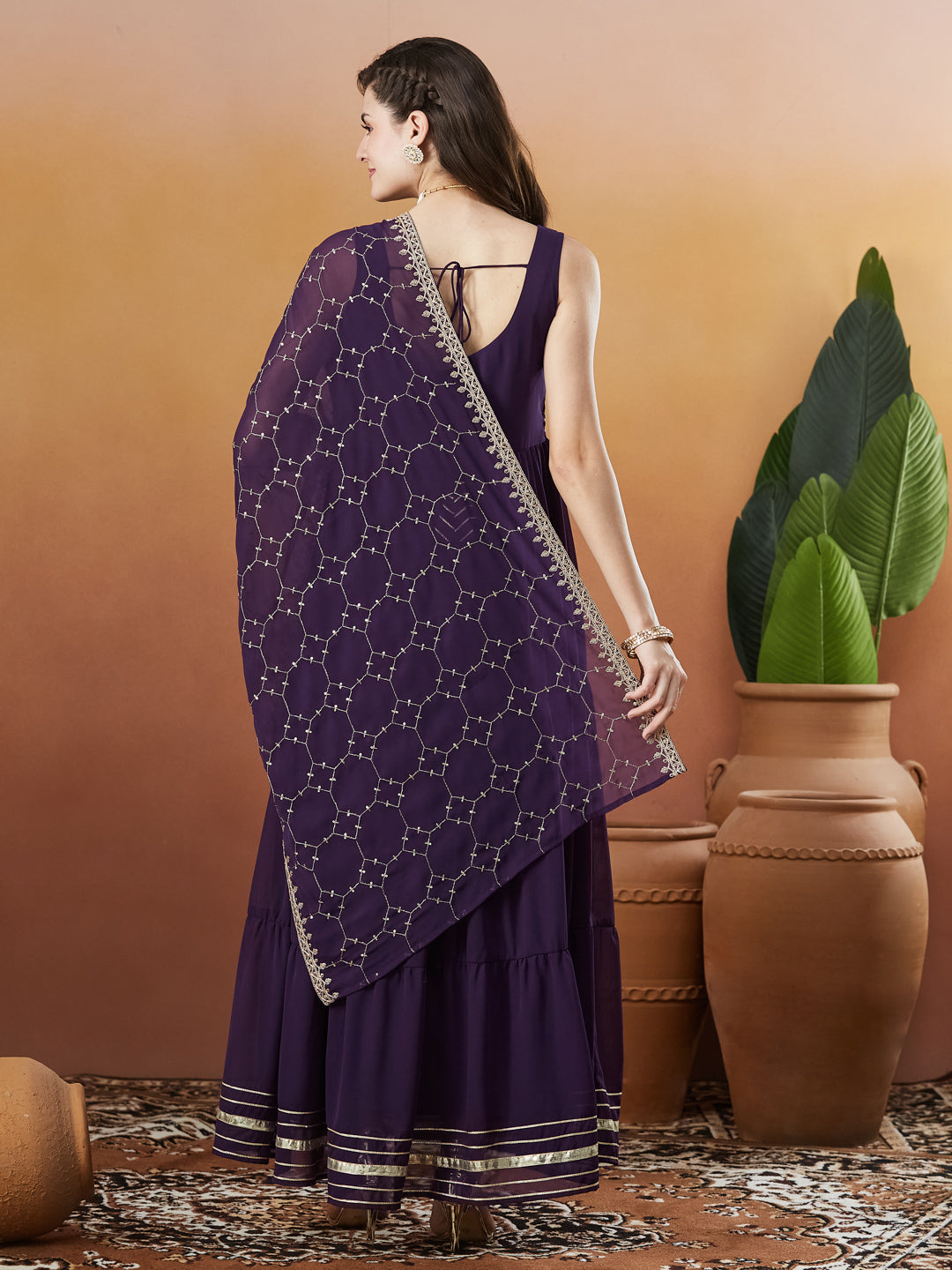 Violet Embroidered Tiered Anarkali Kurta with Dupatta set
