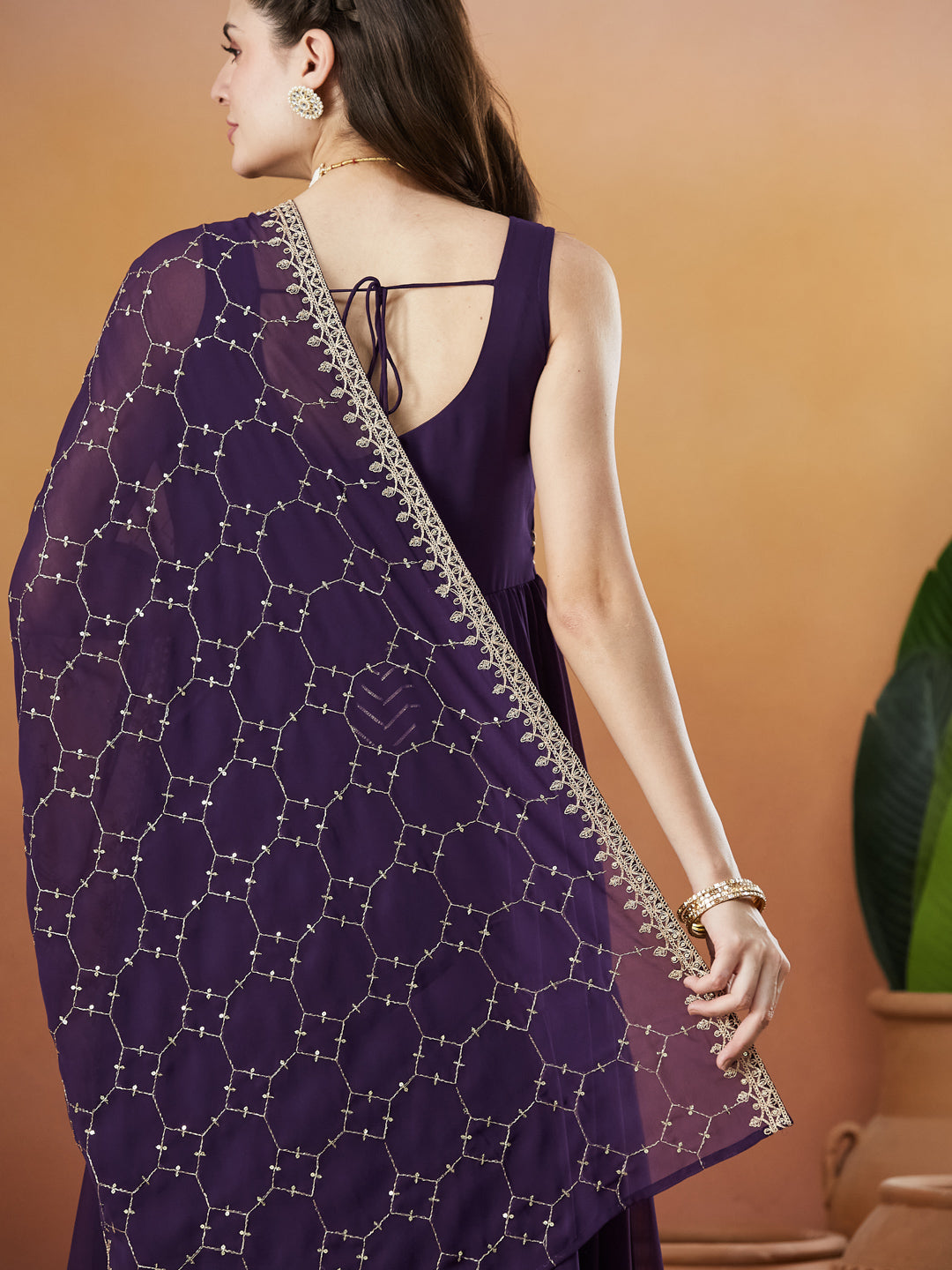 Violet Embroidered Tiered Anarkali Kurta with Dupatta set