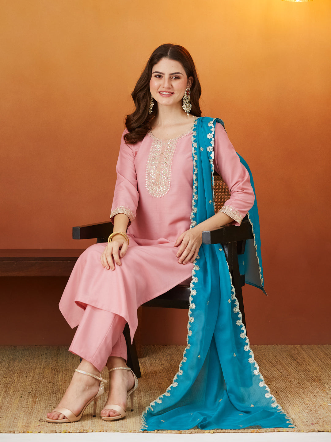 Pink Embroidered Chinon kurta set with dupatta for women