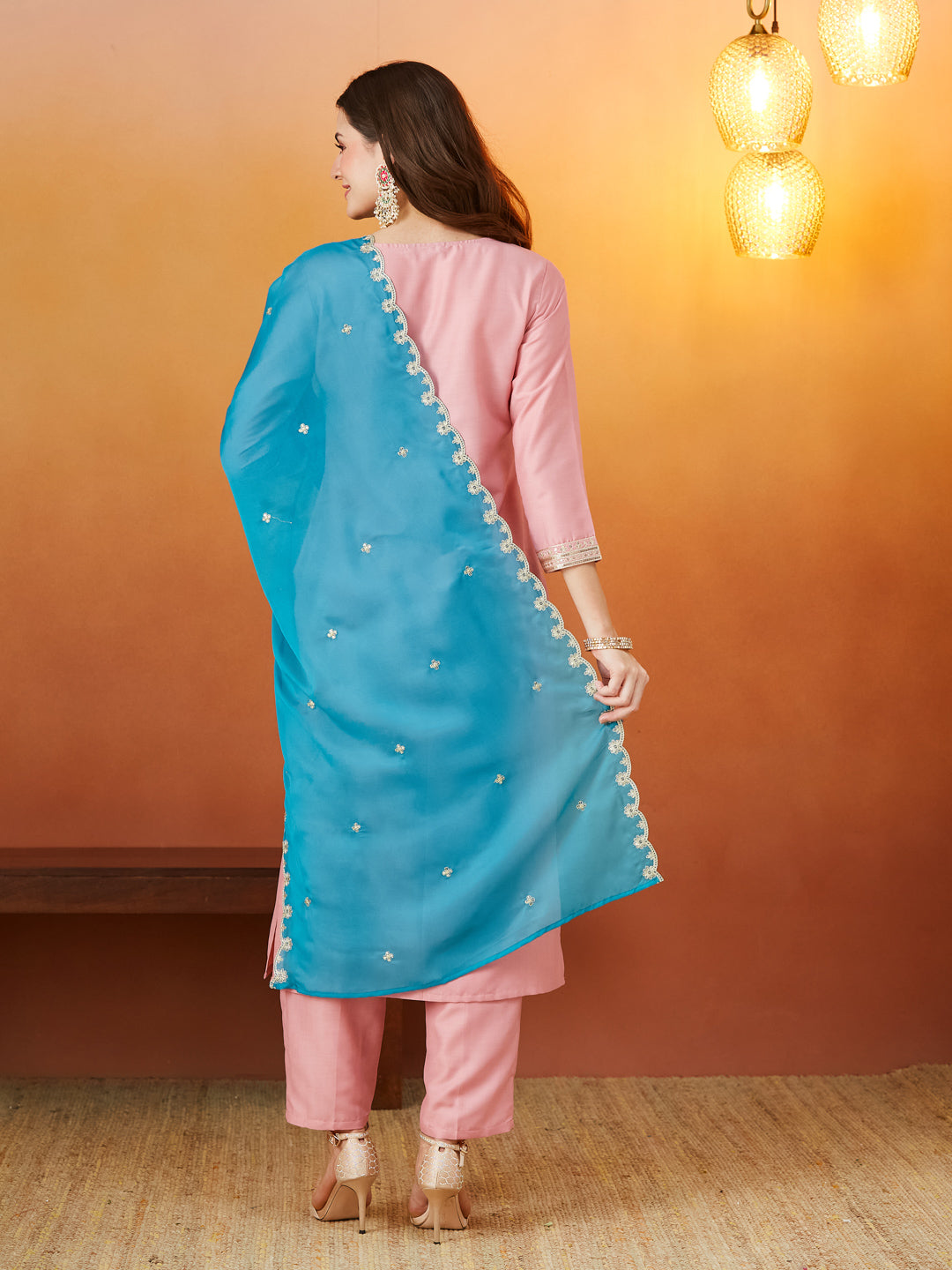 Pink Embroidered Chinon kurta set with dupatta for women