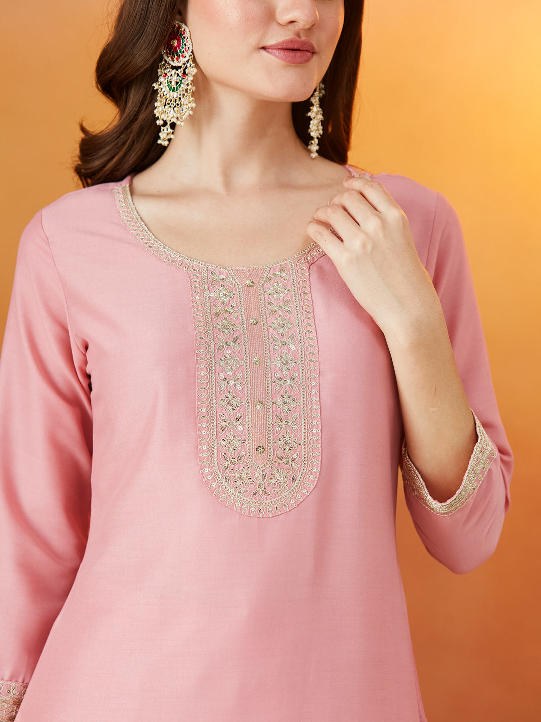 Pink Embroidered Chinon kurta set with dupatta for women
