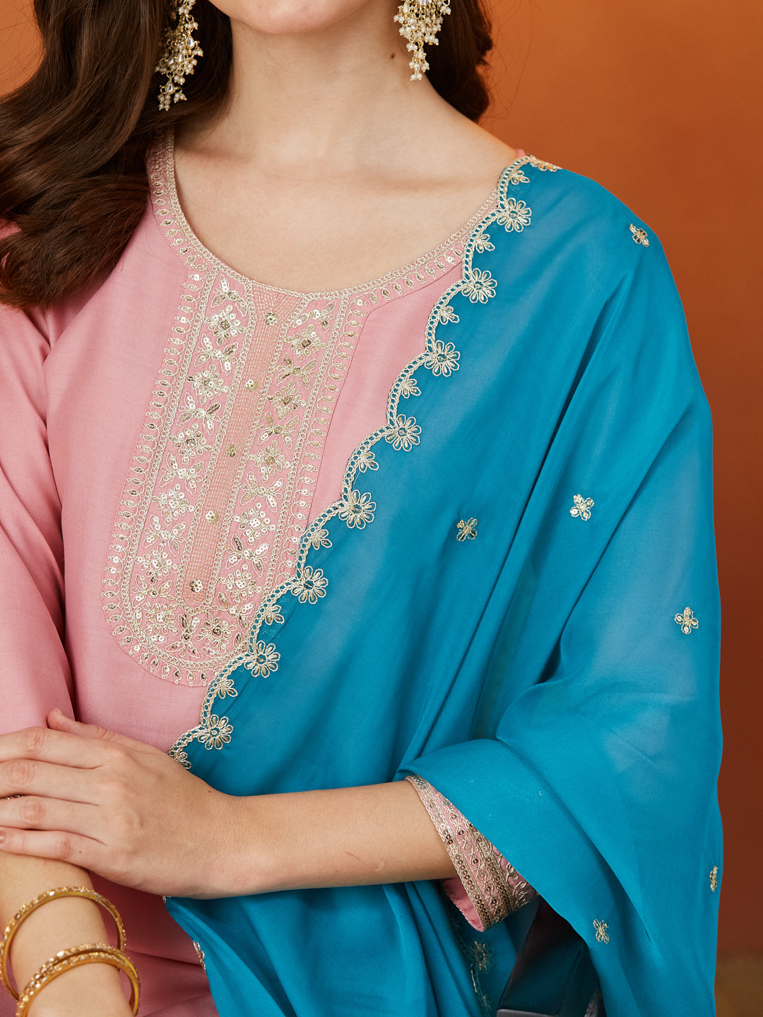 Pink Embroidered Chinon kurta set with dupatta for women