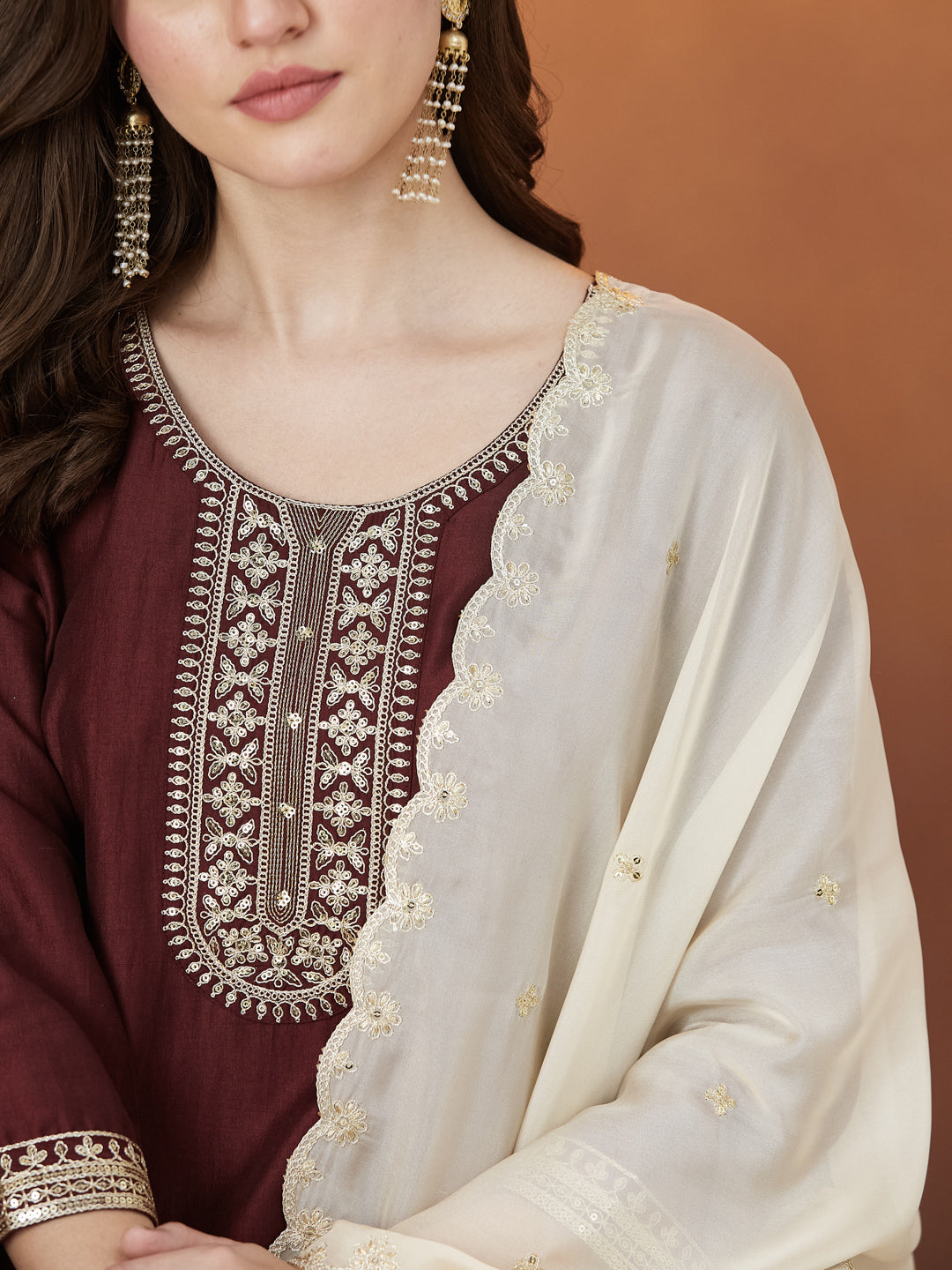 Maroon Embroidered Chinon kurta set with dupatta for women