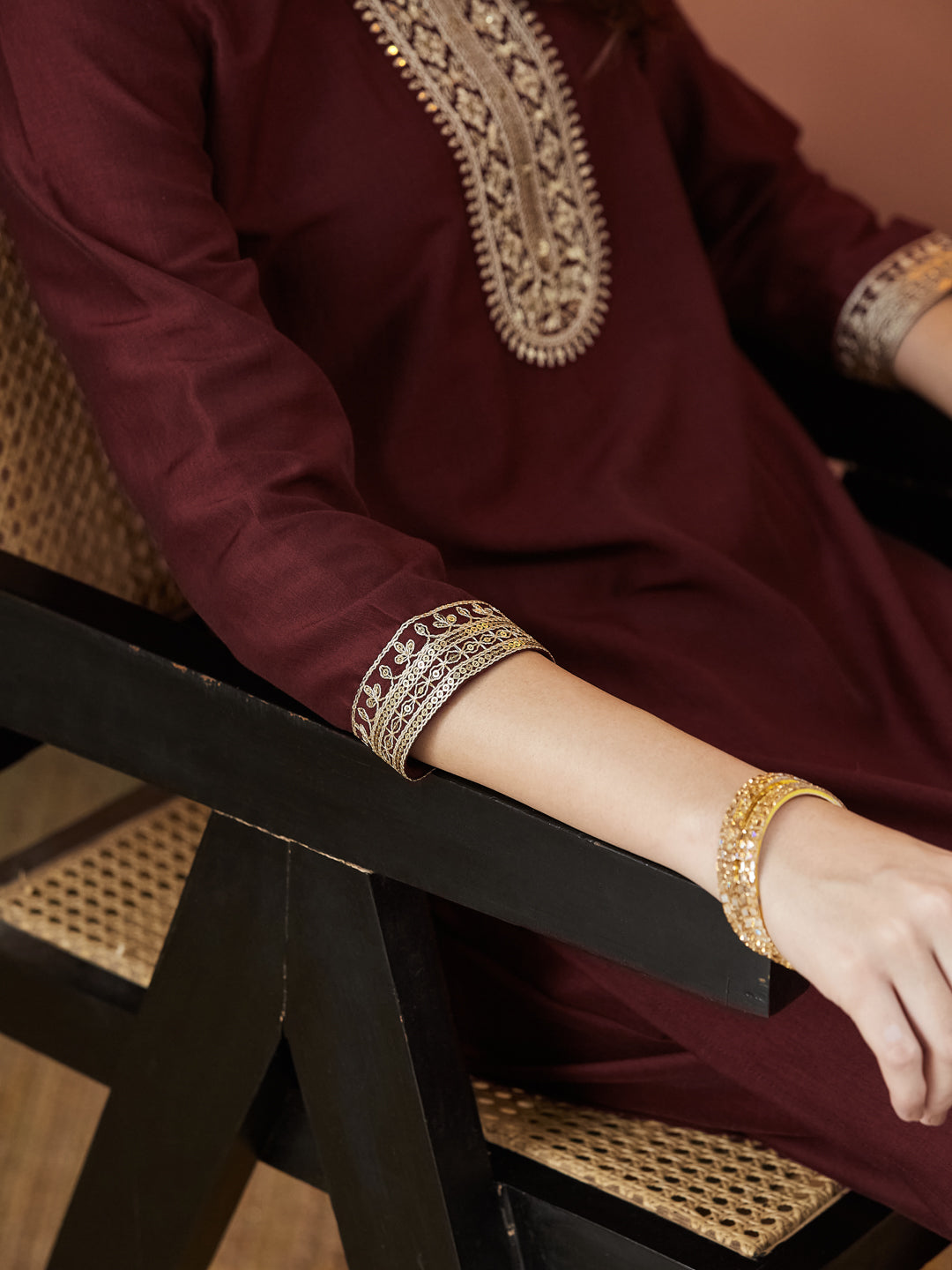 Maroon Embroidered Chinon kurta set with dupatta for women