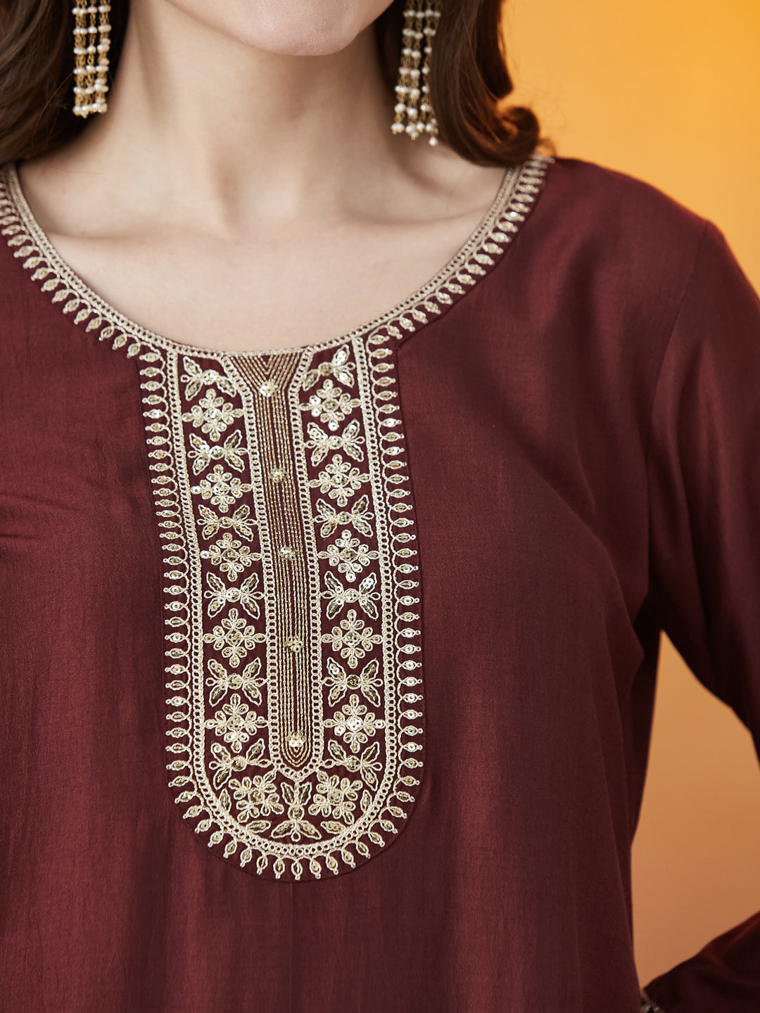 Maroon Embroidered Chinon kurta set with dupatta for women