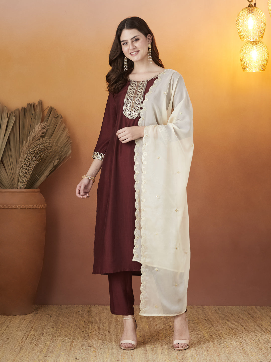 Maroon Embroidered Chinon kurta set with dupatta for women