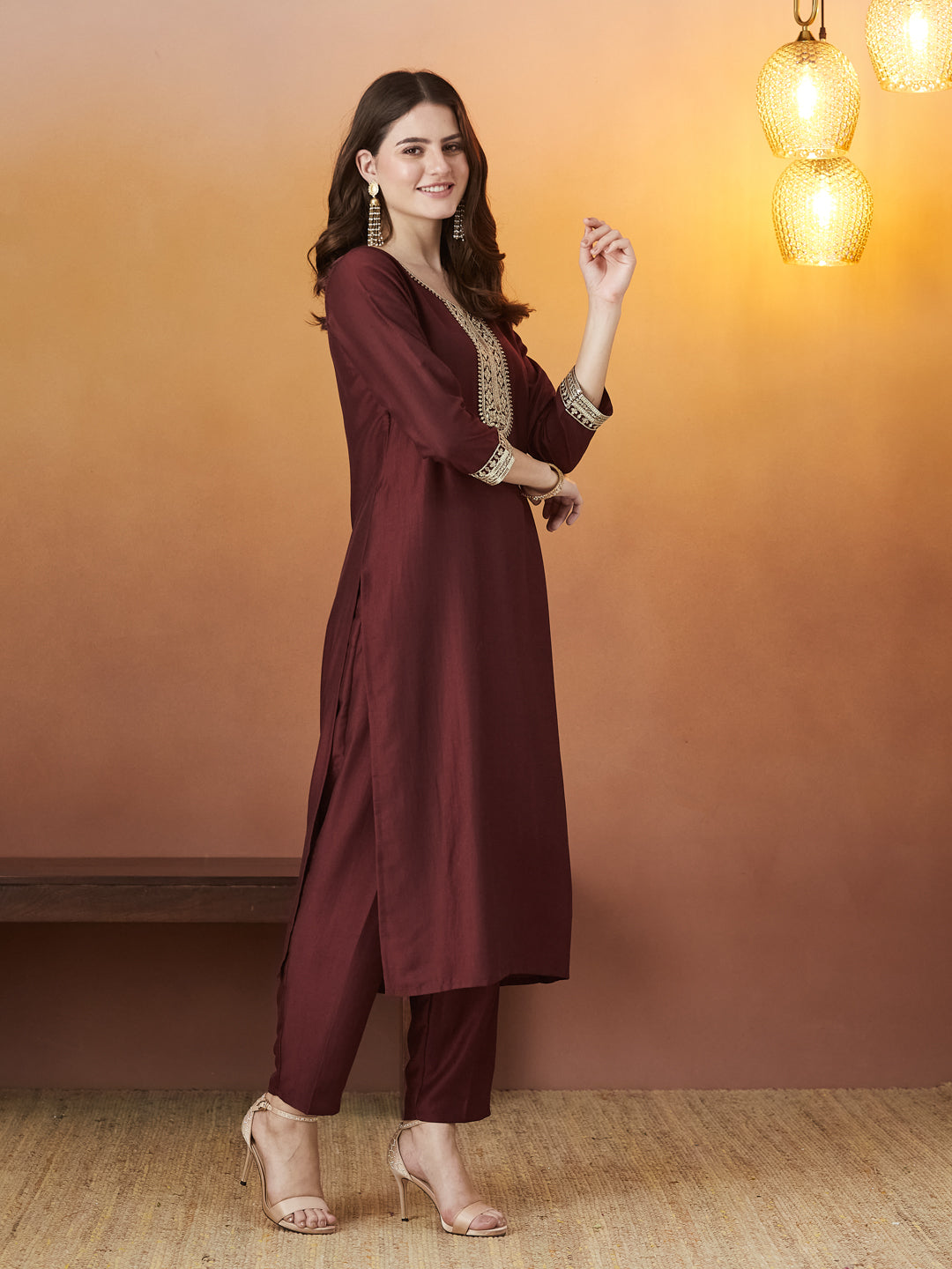 Maroon Embroidered Chinon kurta set with dupatta for women