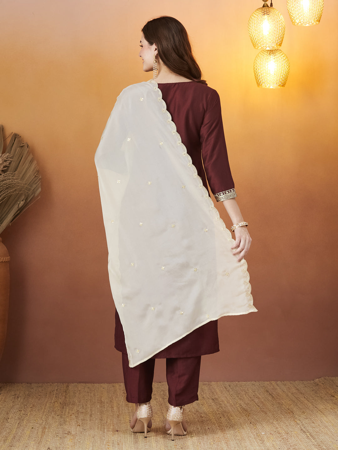 Maroon Embroidered Chinon kurta set with dupatta for women