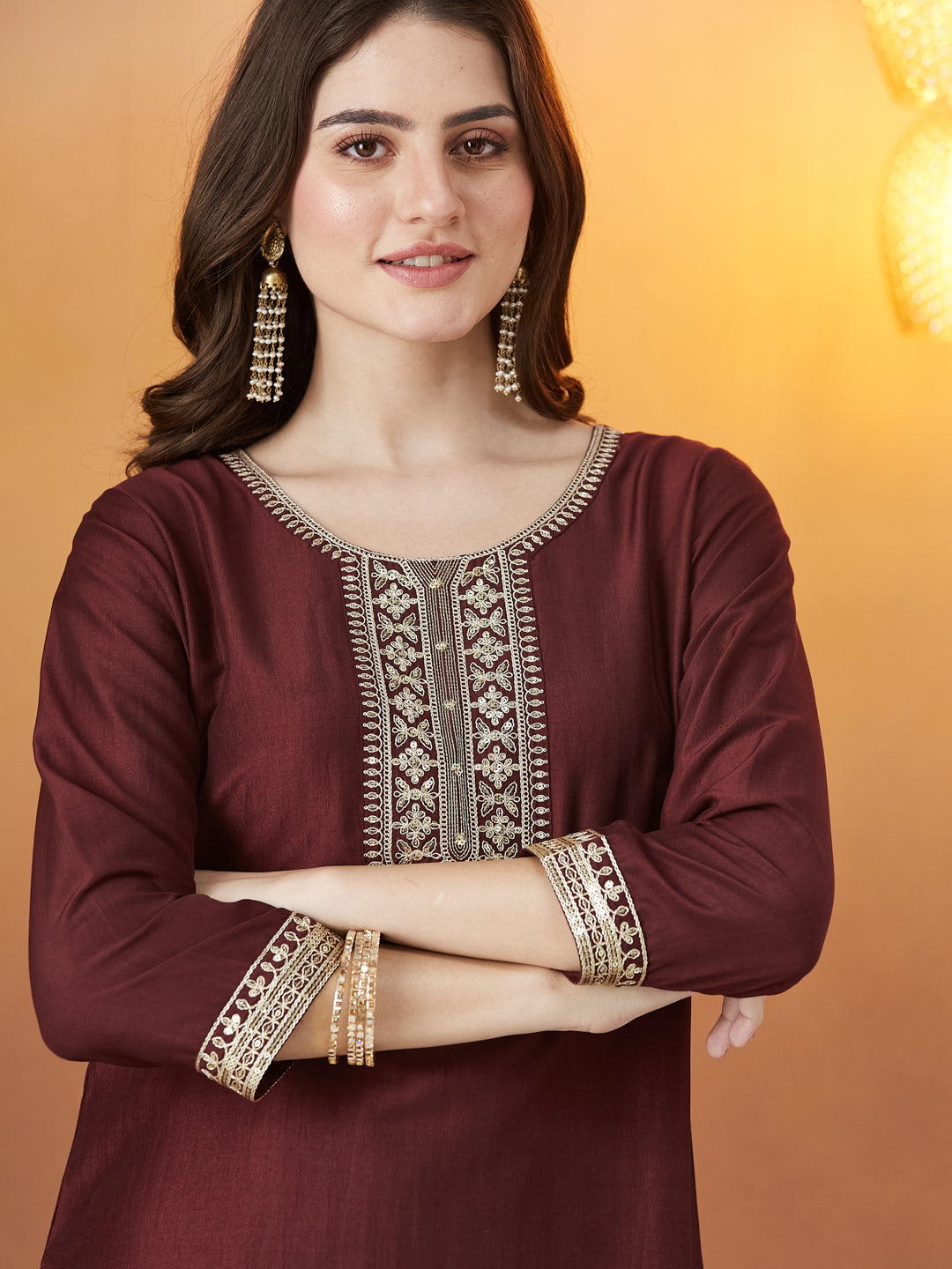 Maroon Embroidered Chinon kurta set with dupatta for women