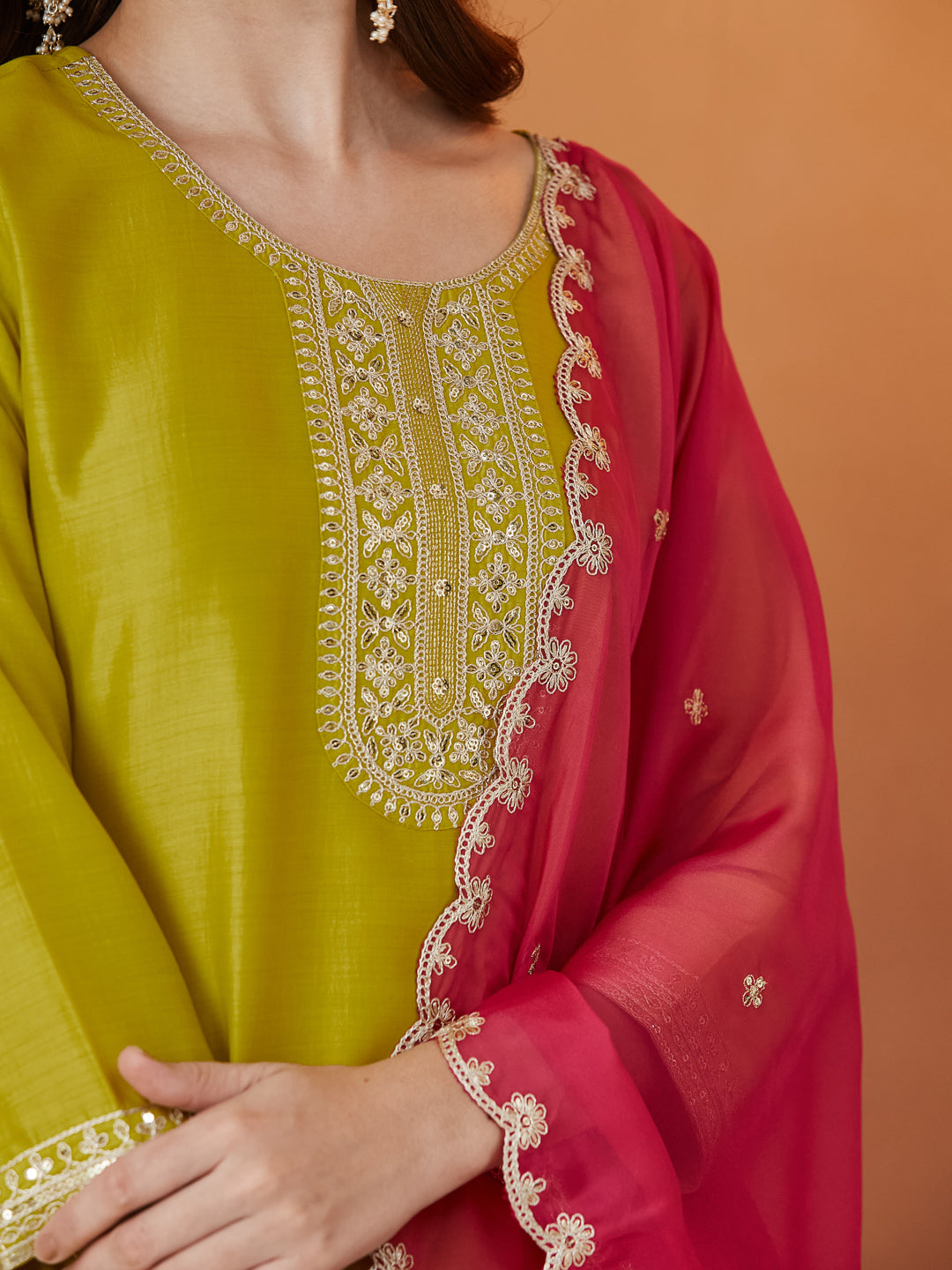 Neon Embroidered Chinon kurta set with dupatta for women