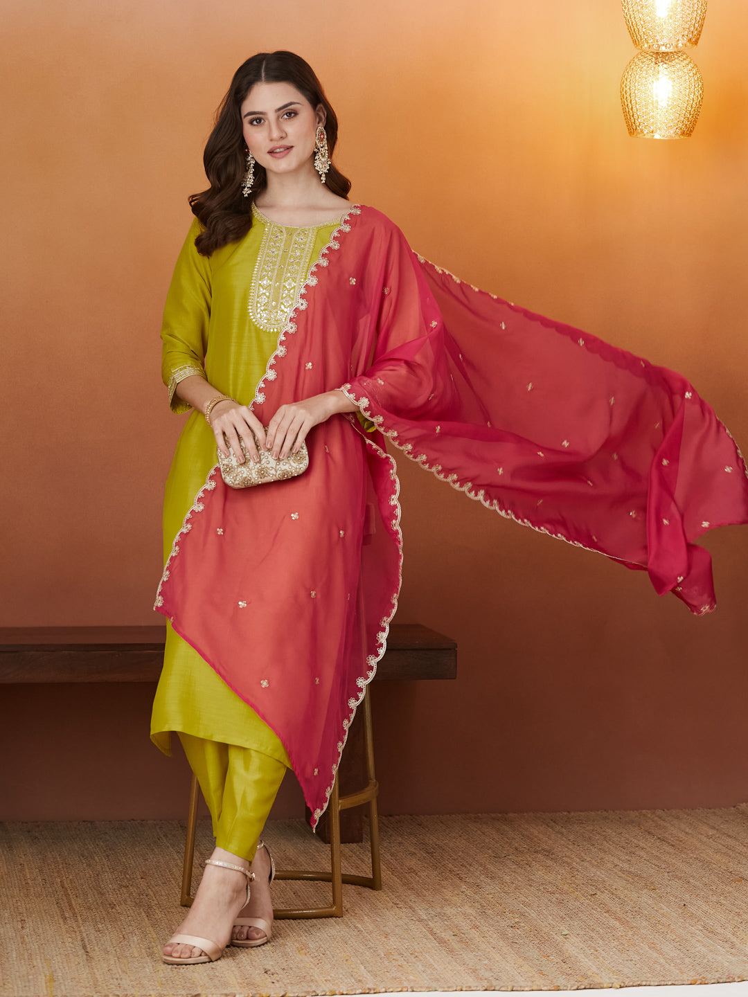 Neon Embroidered Chinon kurta set with dupatta for women
