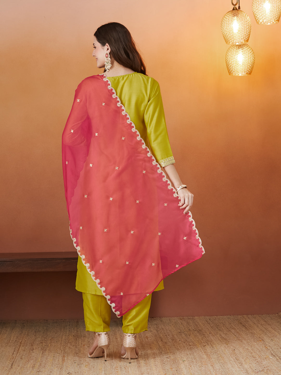 Neon Embroidered Chinon kurta set with dupatta for women