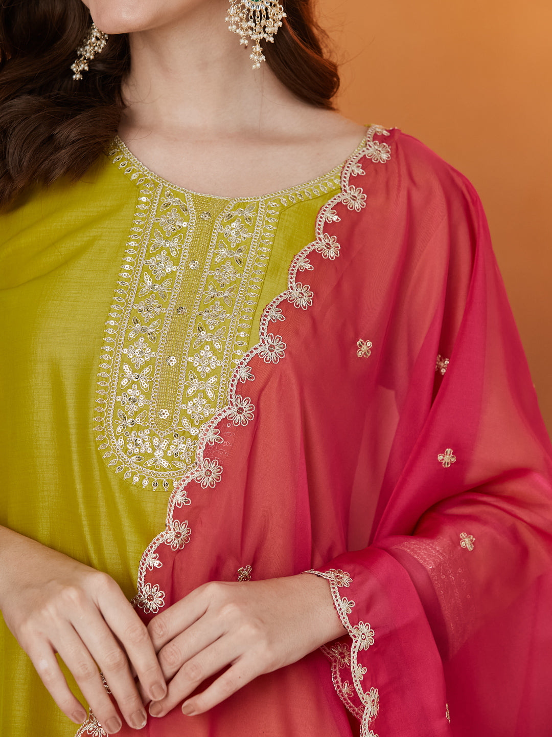 Neon Embroidered Chinon kurta set with dupatta for women
