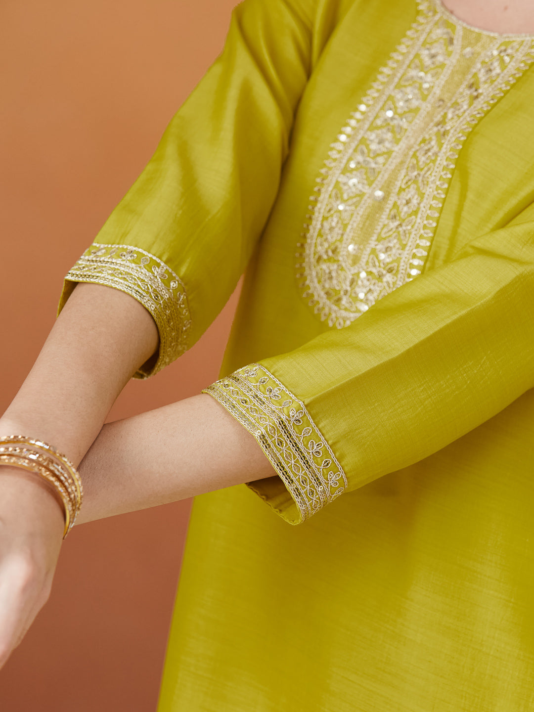 Neon Embroidered Chinon kurta set with dupatta for women