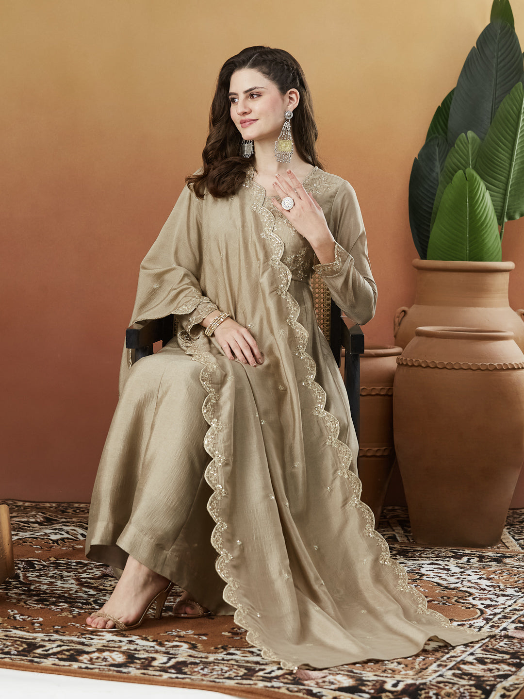 Grey Silk Embroidered Anarkali Kurta And Dupatta set