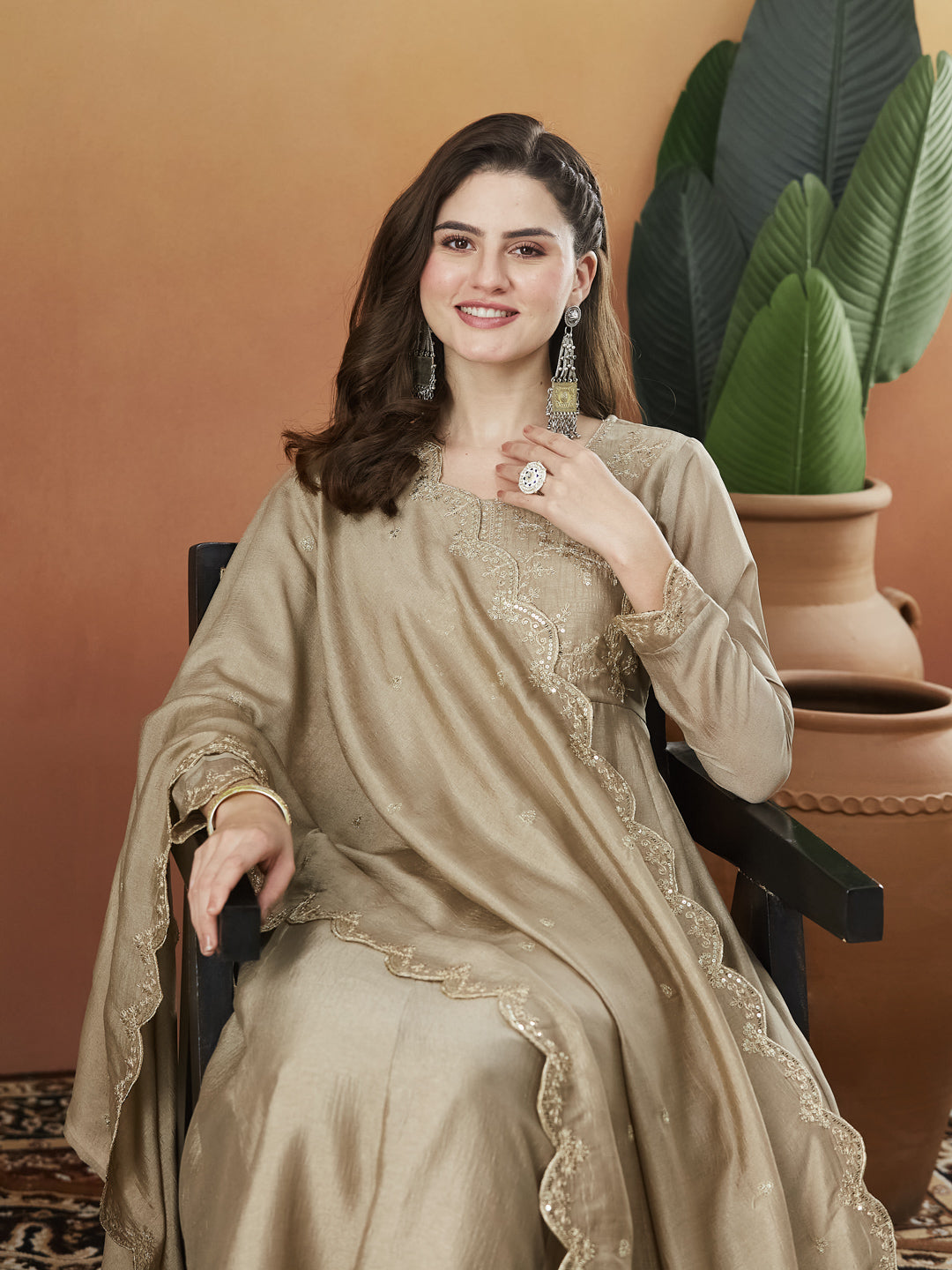 Grey Silk Embroidered Anarkali Kurta And Dupatta set