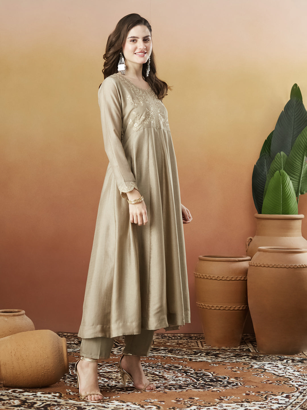 Grey Silk Embroidered Anarkali Kurta And Dupatta set