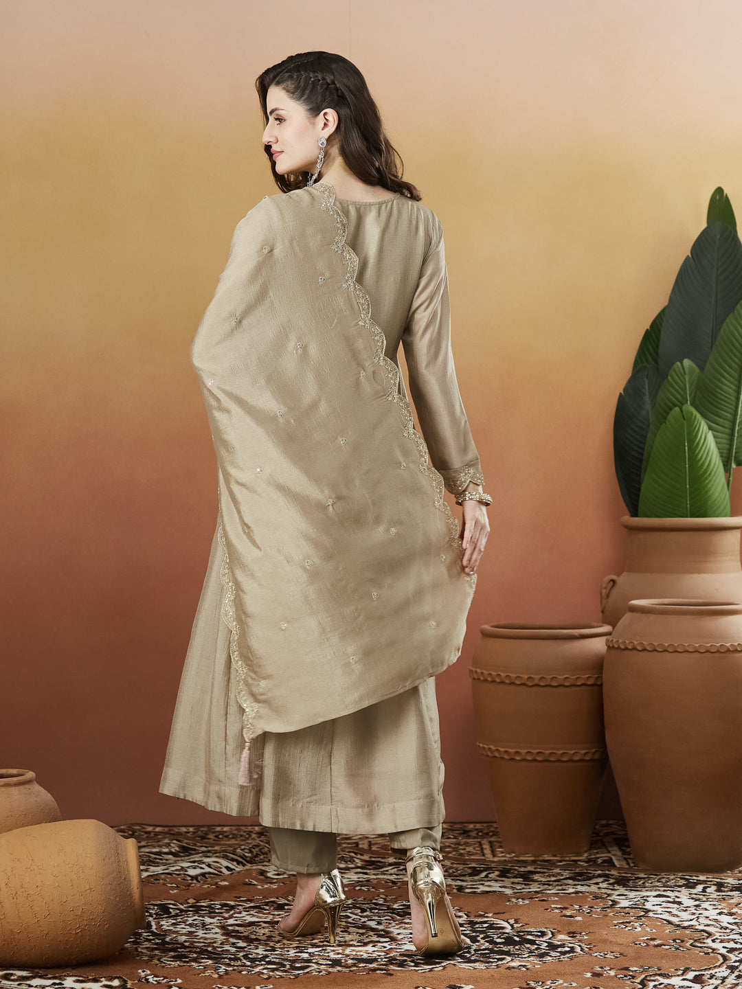Grey Silk Embroidered Anarkali Kurta And Dupatta set