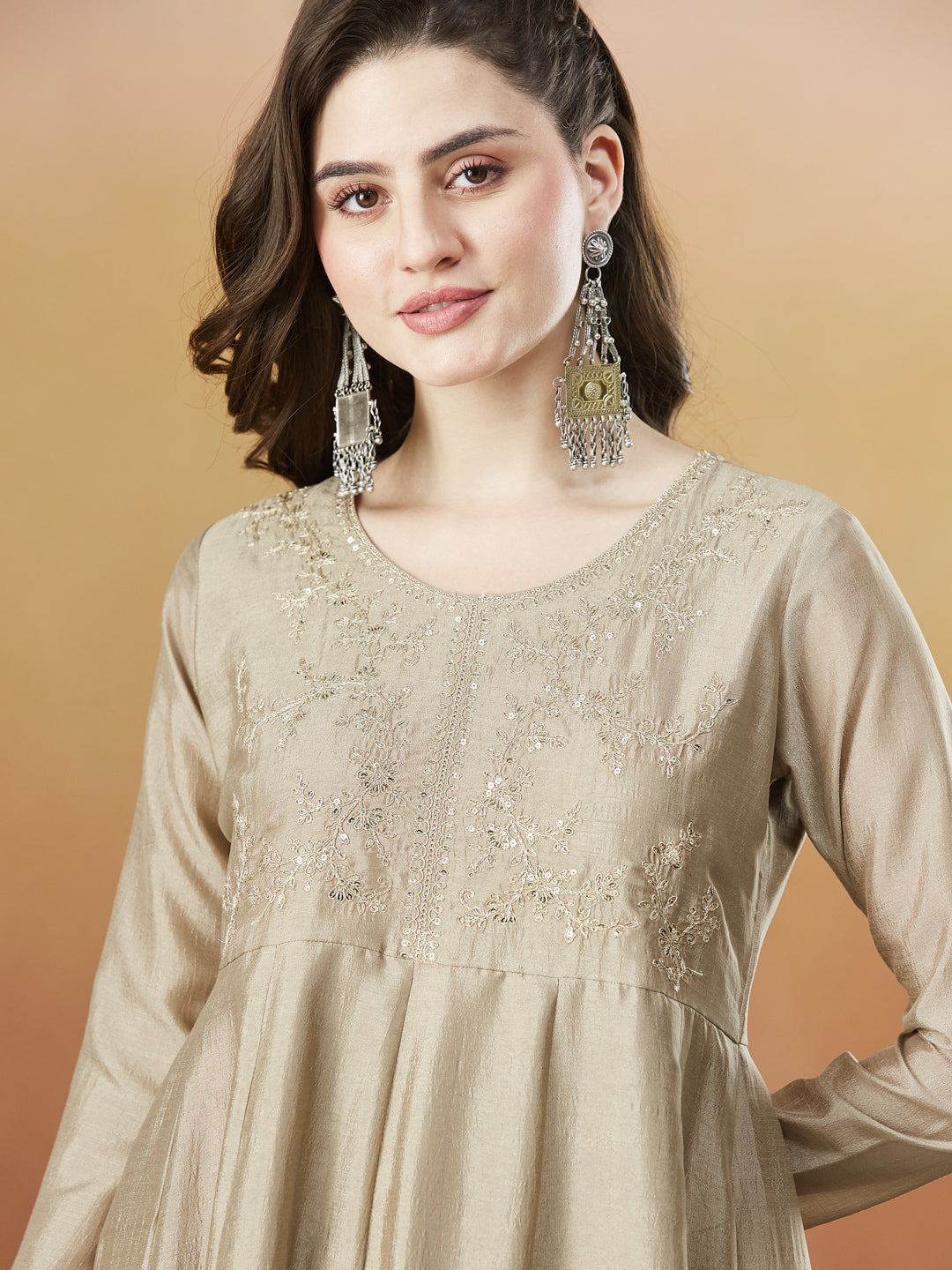 Grey Silk Embroidered Anarkali Kurta And Dupatta set