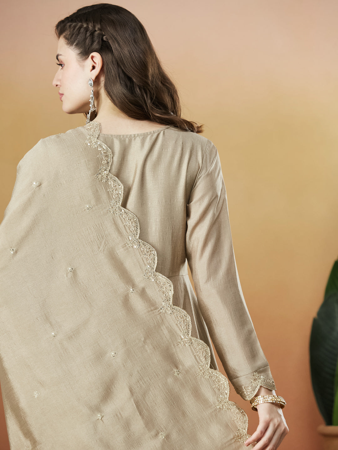 Grey Silk Embroidered Anarkali Kurta And Dupatta set