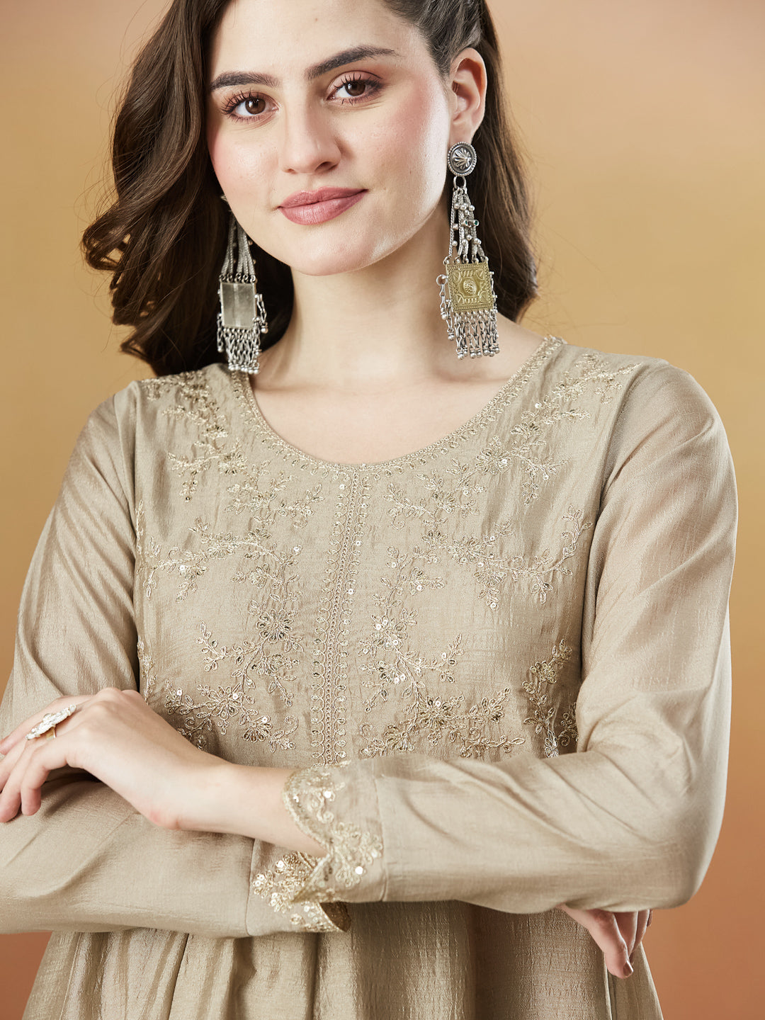 Grey Silk Embroidered Anarkali Kurta And Dupatta set