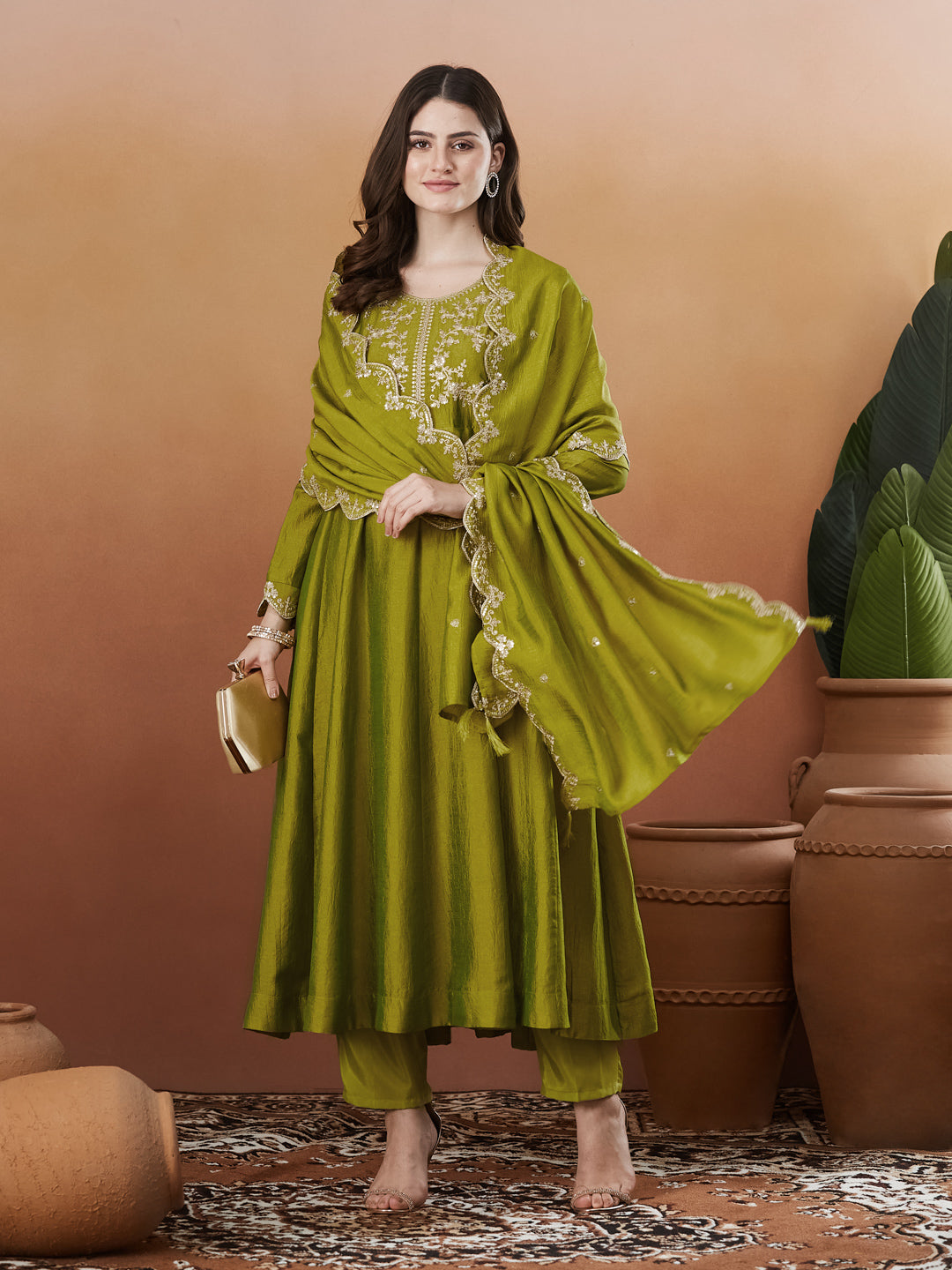 Green Silk Embroidered Anarkali Kurta And Dupatta set