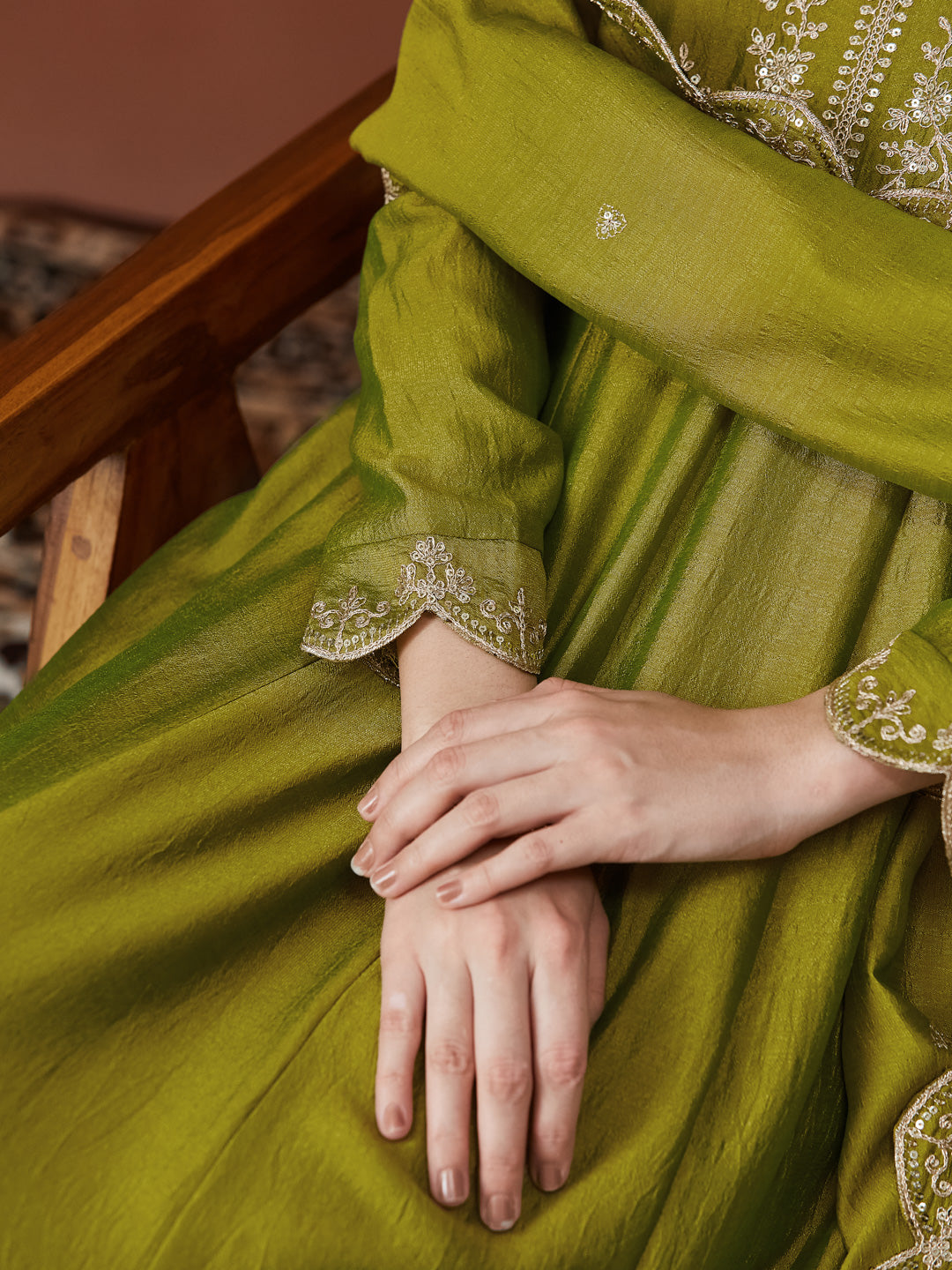 Green Silk Embroidered Anarkali Kurta And Dupatta set