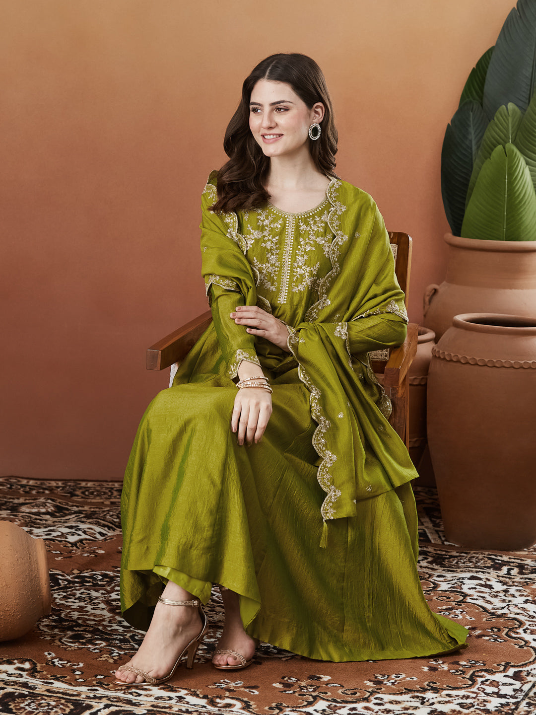 Green Silk Embroidered Anarkali Kurta And Dupatta set