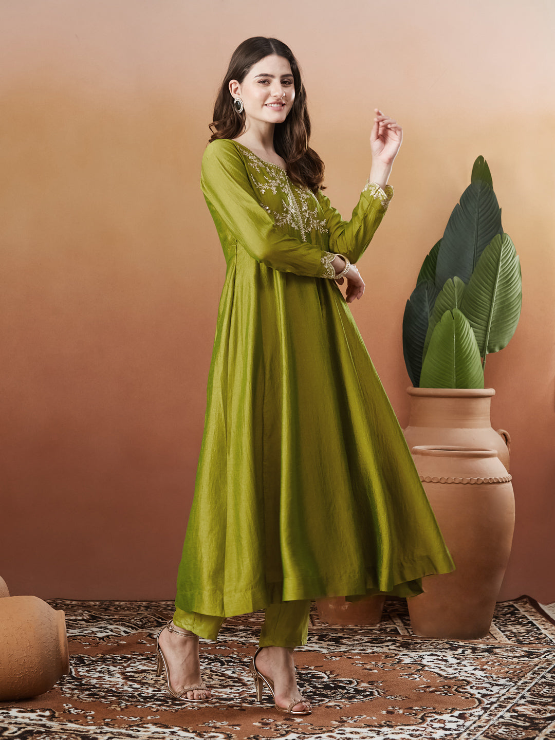 Green Silk Embroidered Anarkali Kurta And Dupatta set