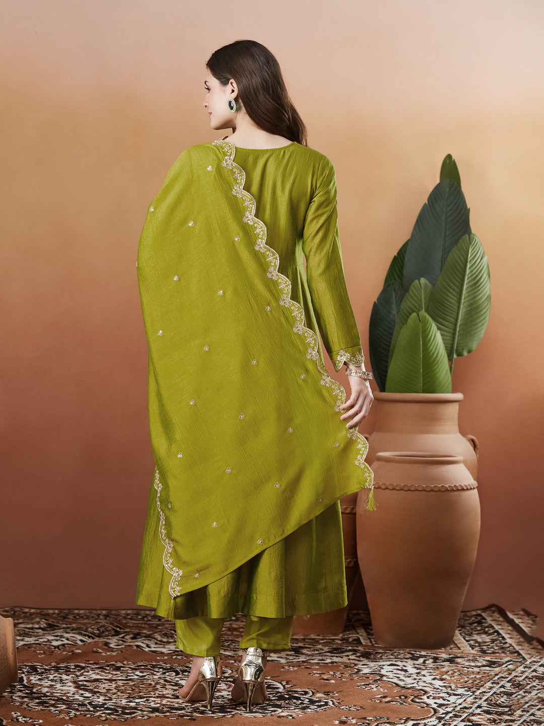 Green Silk Embroidered Anarkali Kurta And Dupatta set