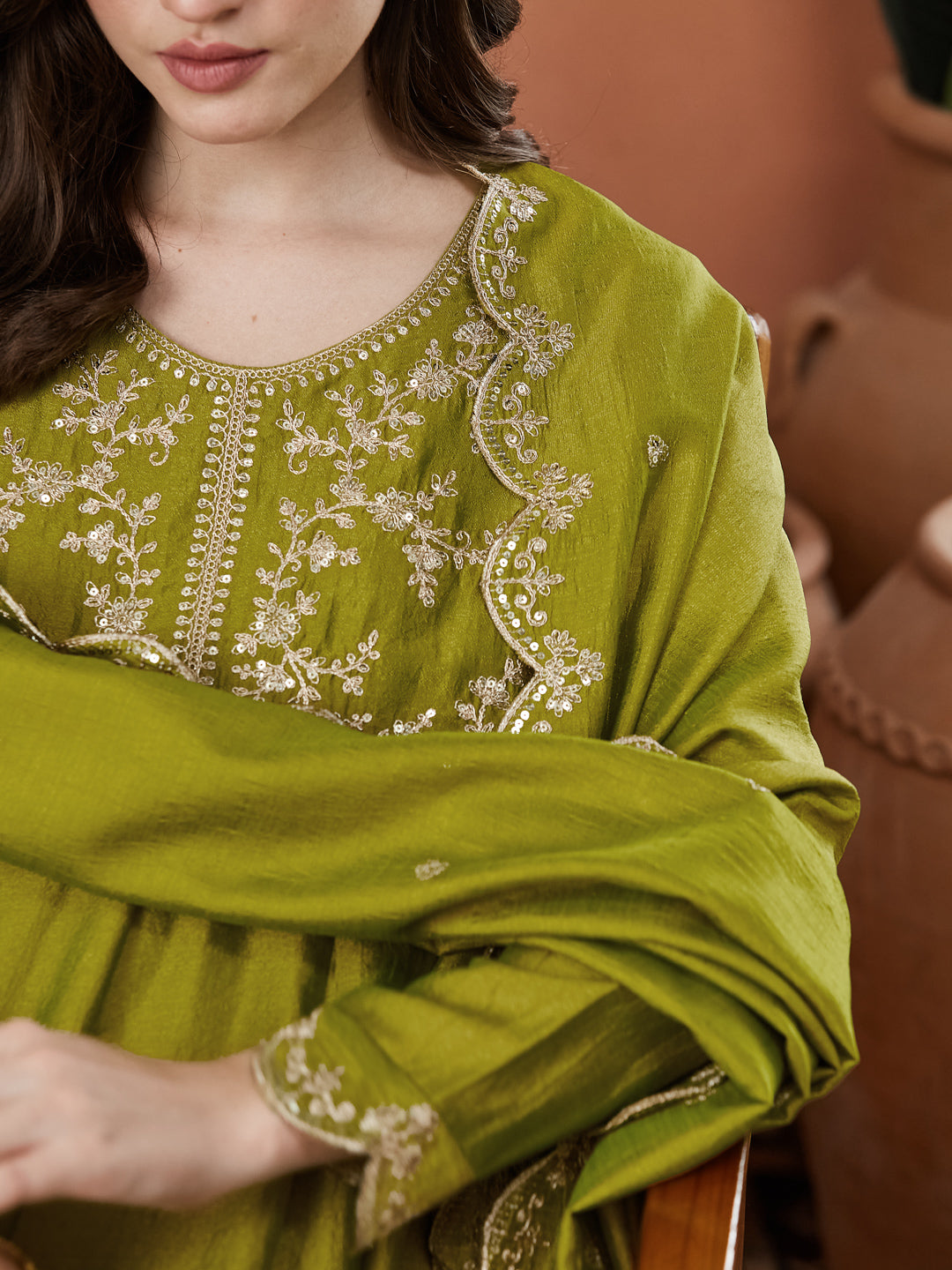 Green Silk Embroidered Anarkali Kurta And Dupatta set