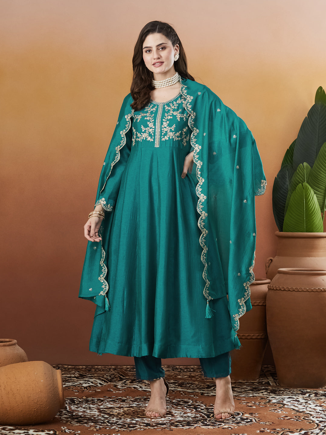 Rama Silk Embroidered Anarkali Kurta And Dupatta set