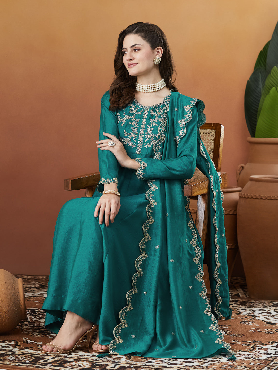 Rama Silk Embroidered Anarkali Kurta And Dupatta set