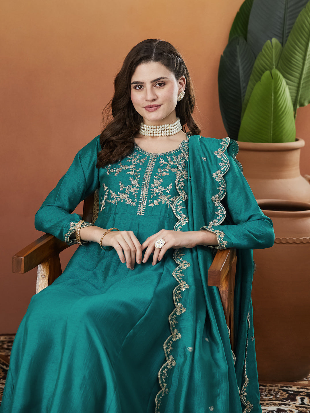 Rama Silk Embroidered Anarkali Kurta And Dupatta set