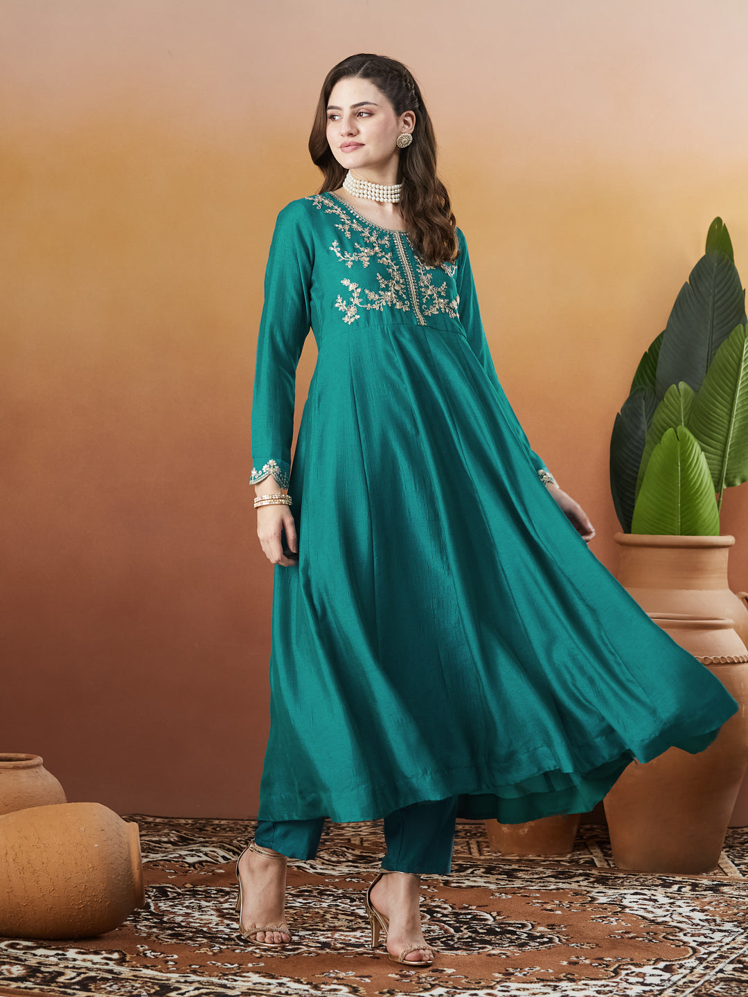Rama Silk Embroidered Anarkali Kurta And Dupatta set
