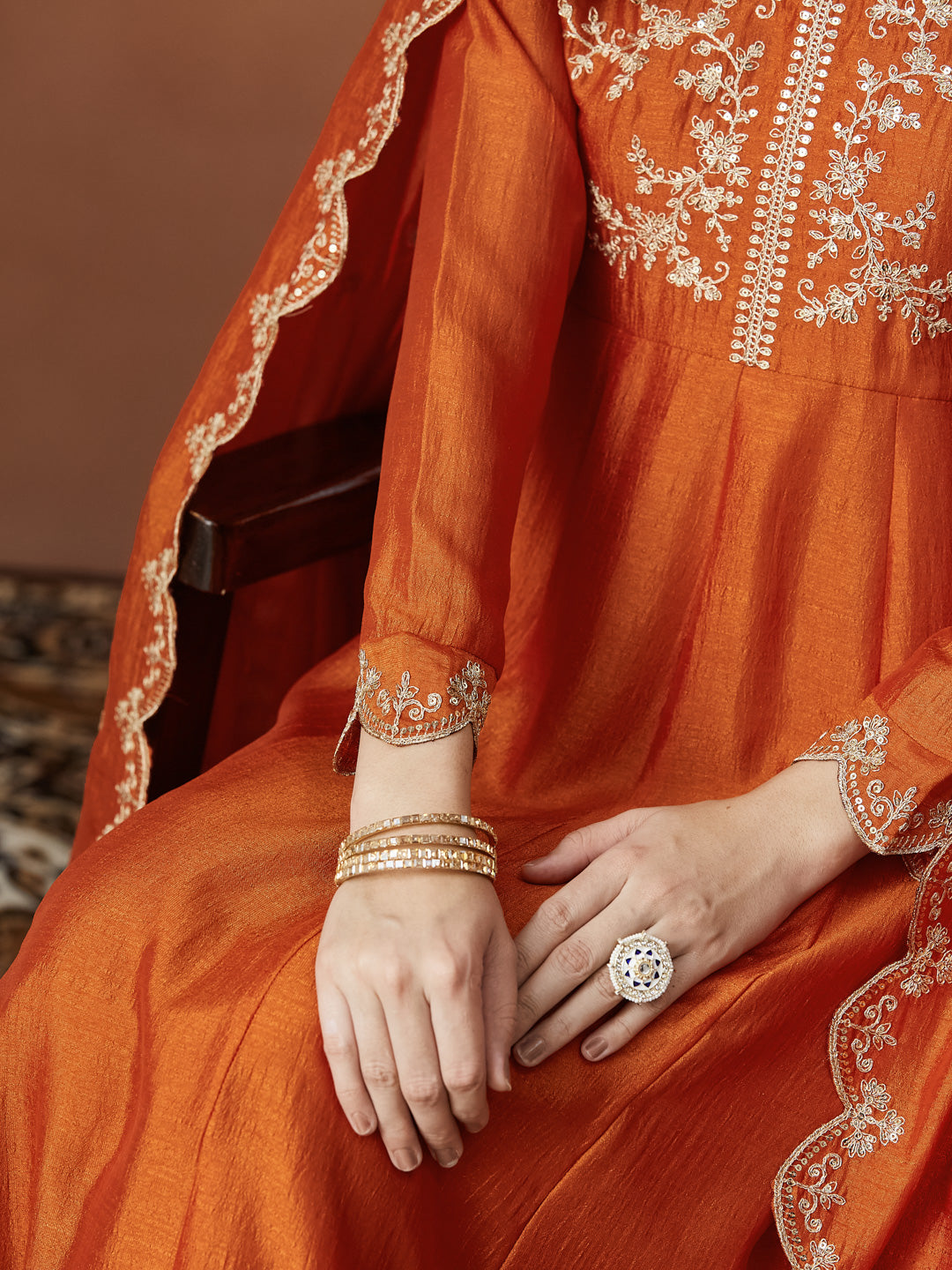Orange Silk Embroidered Anarkali Kurta And Dupatta set