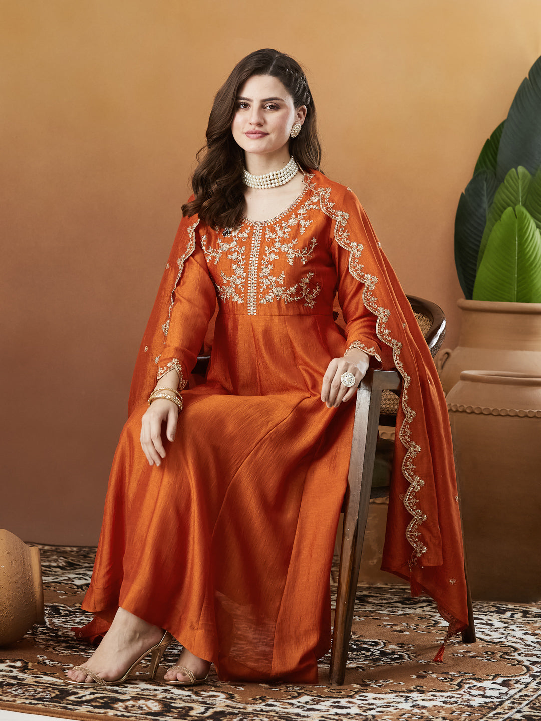 Orange Silk Embroidered Anarkali Kurta And Dupatta set