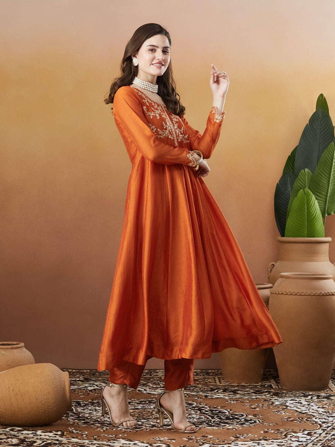 Orange Silk Embroidered Anarkali Kurta And Dupatta set